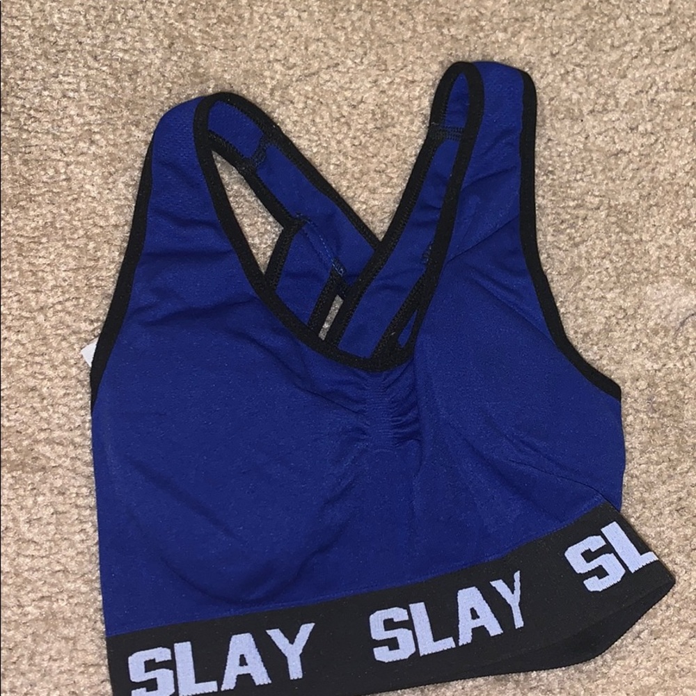 Royal blue and black sports bra